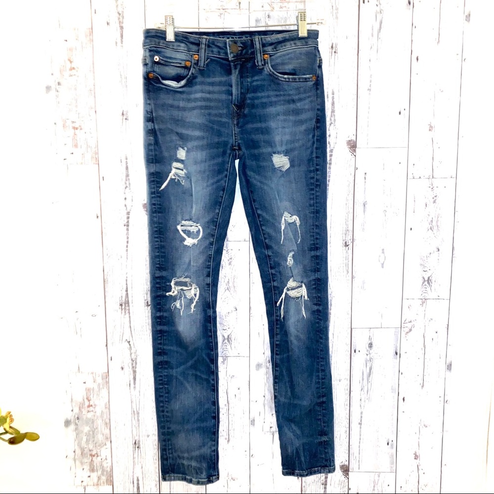 American Eagle Outfitters Women's Skinny Jeans - Distressed Dark Blue Denim